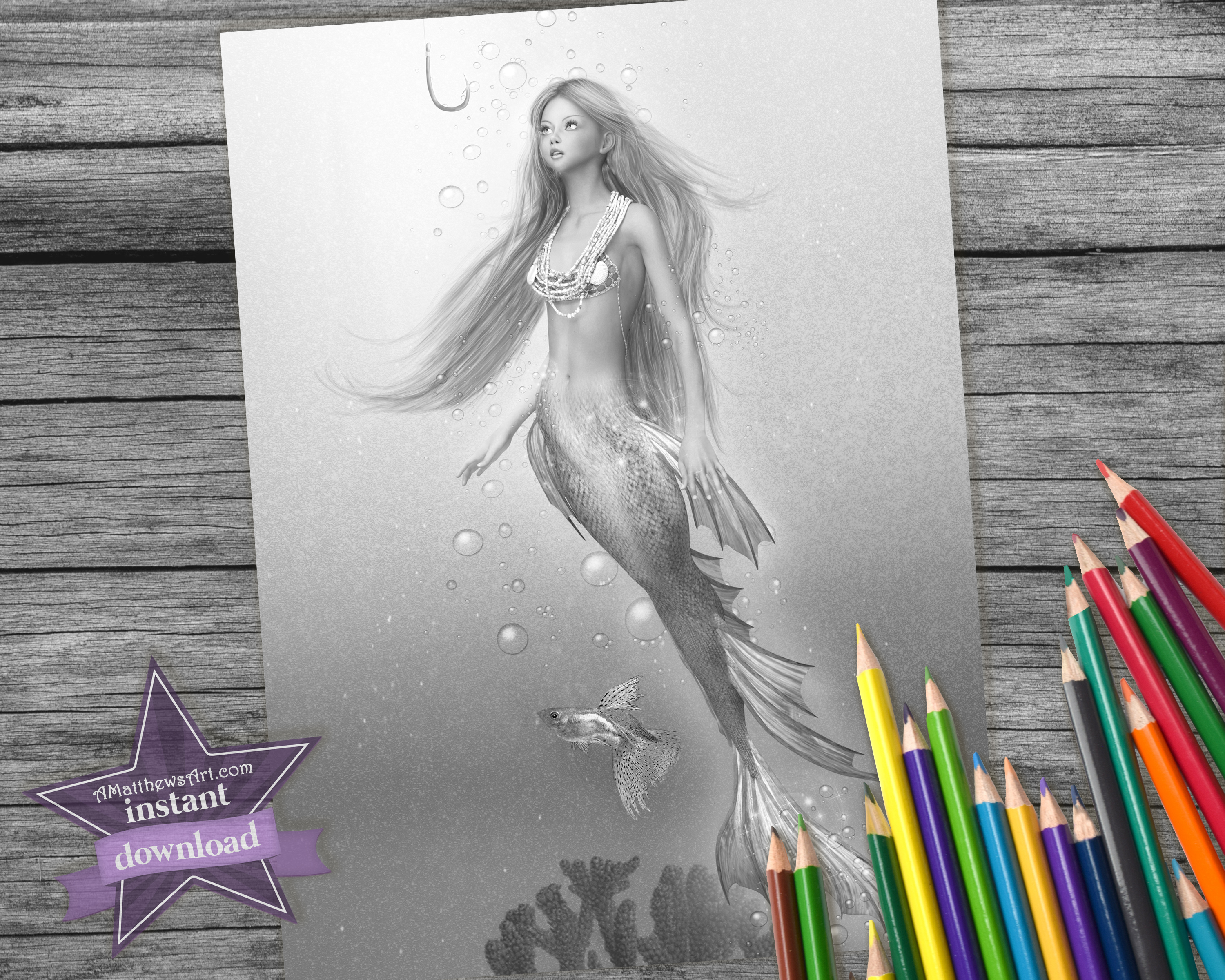 Free Mermaid Coloring Page Art Download