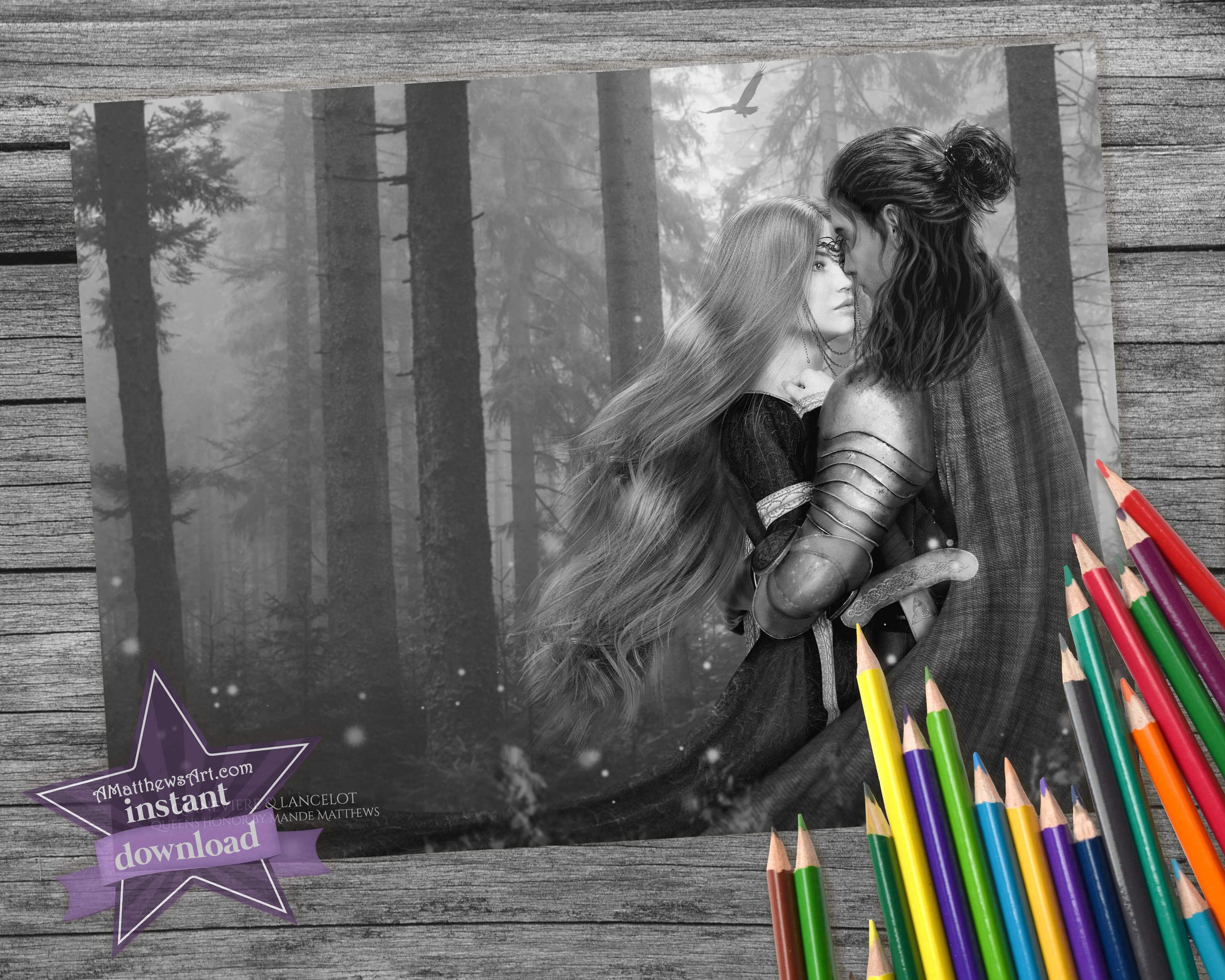 Beautiful Medieval Romance Couple Free Grayscale Coloring Page - Instant Download