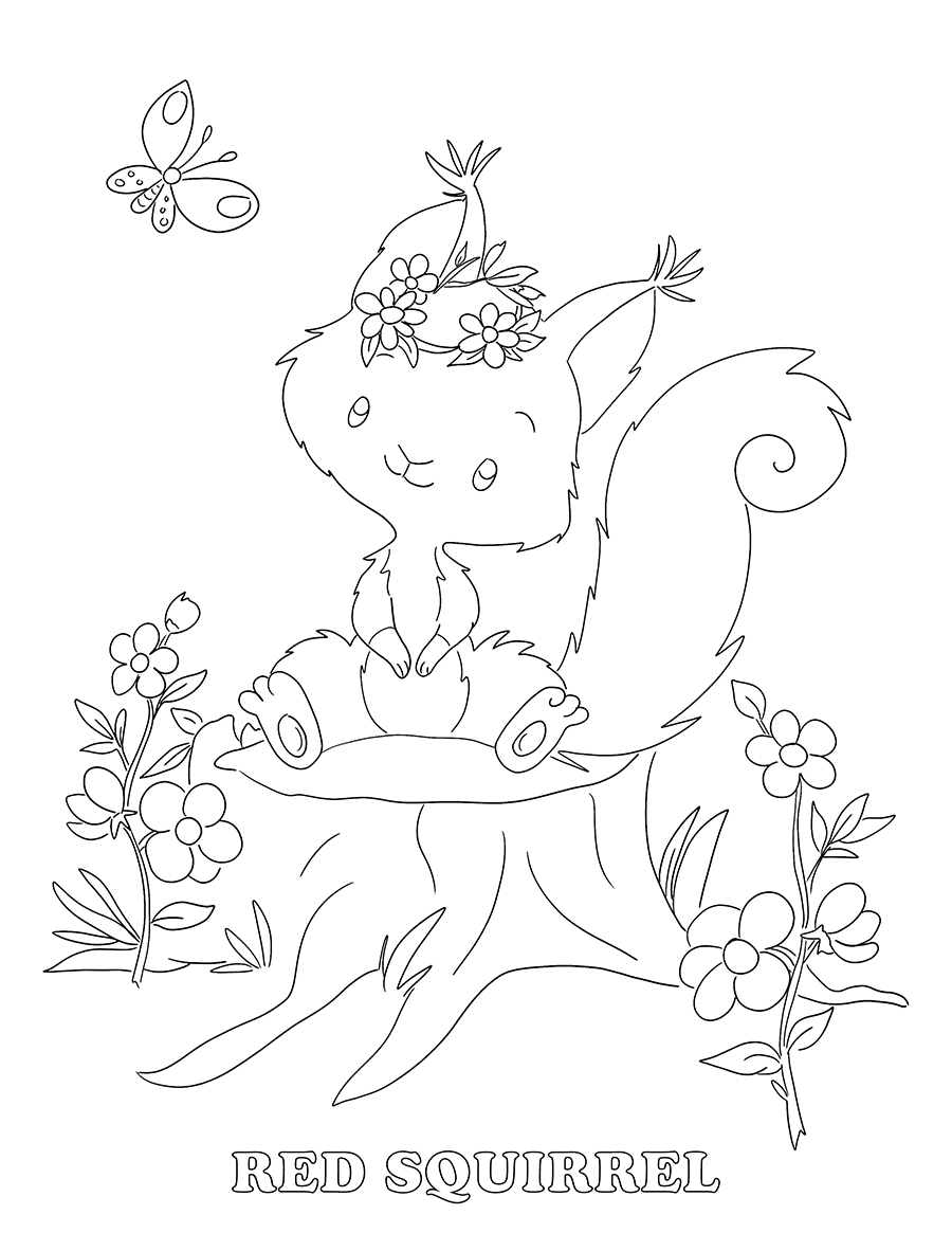 Free Coloring Book Page for Kids - Forest Friends Red Squirrel