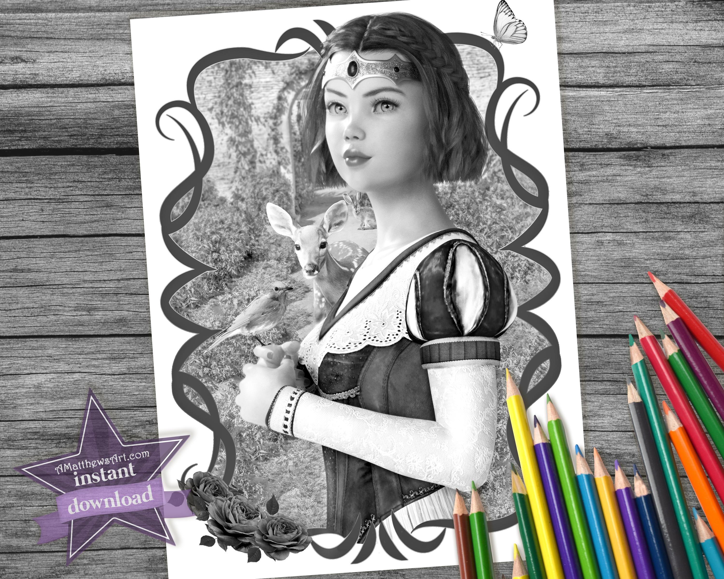 Free Snow White Fairy Tale Adult Grayscale Coloring Page Instant Download PDF